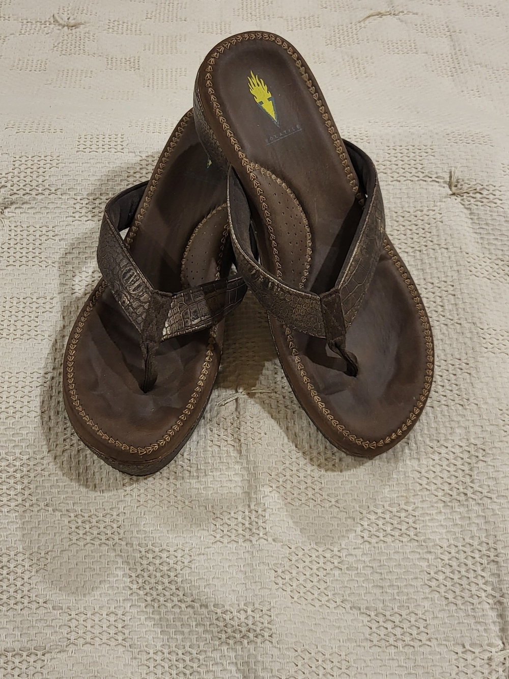 Yellow Box Brown Textured Leather Toe-Post Sandals